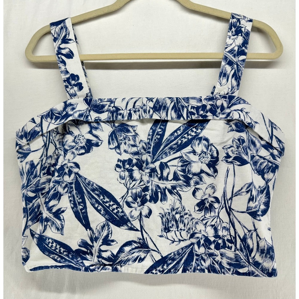 Abercrombie & Fitch Linen Blend Floral Crop Top Blue White Smocked Back Large
